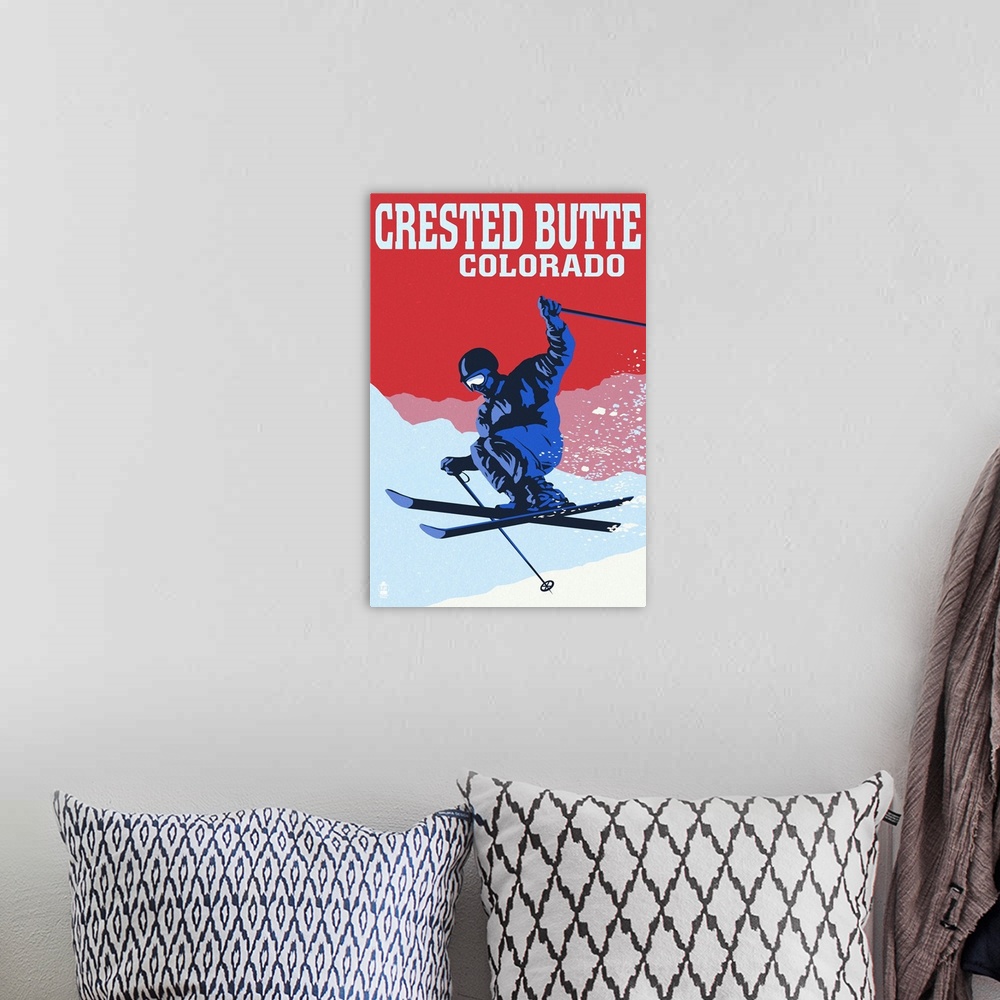 A bohemian room featuring Crested Butte, Colorado - Colorblocked Skier: Retro Travel Poster