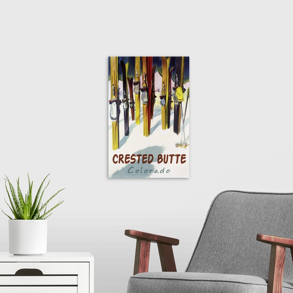 A modern room featuring Crested Butte, Colorado - Colorful Skis: Retro Travel Poster