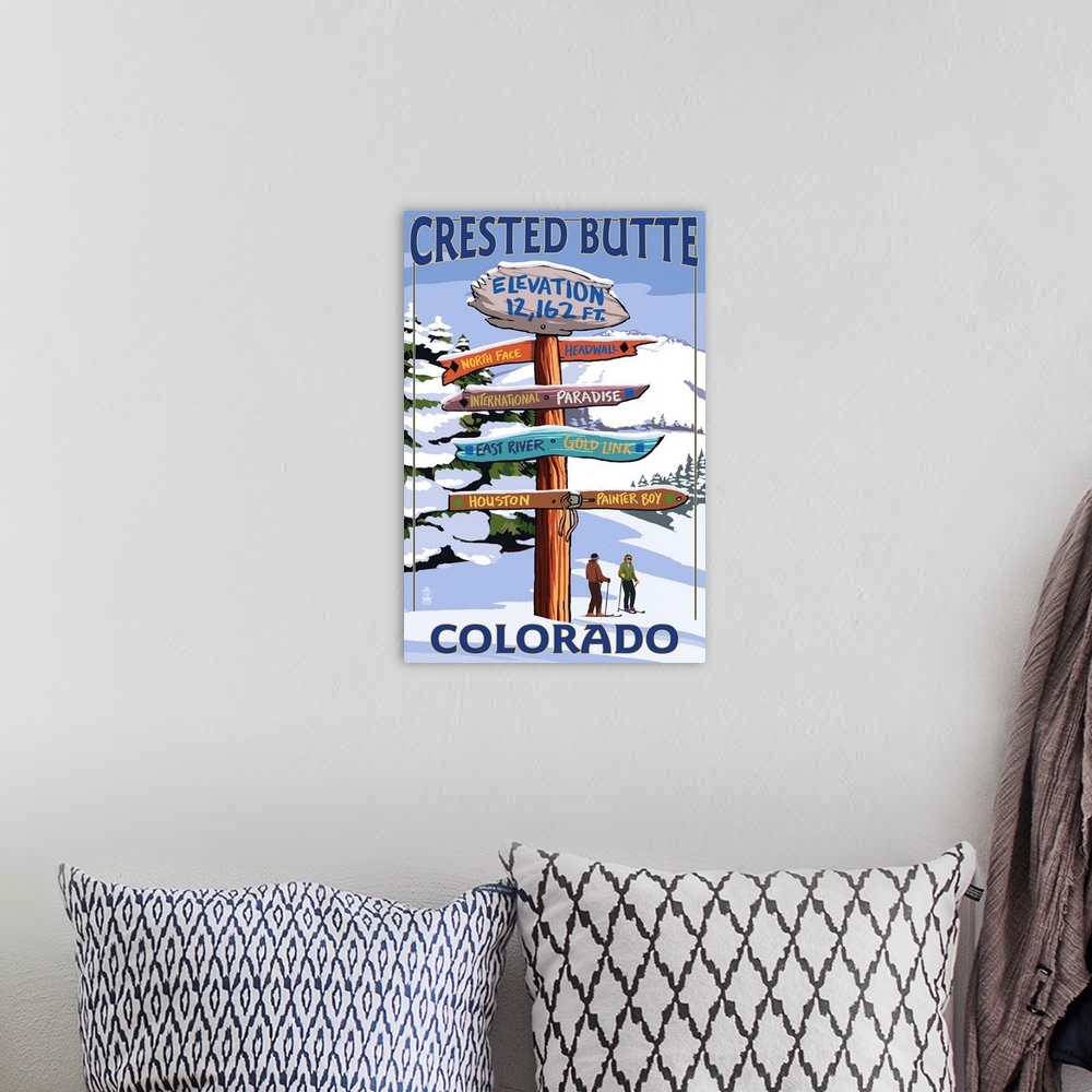 A bohemian room featuring Crested Butte, Colorado - Ski Run Signpost: Retro Travel Poster