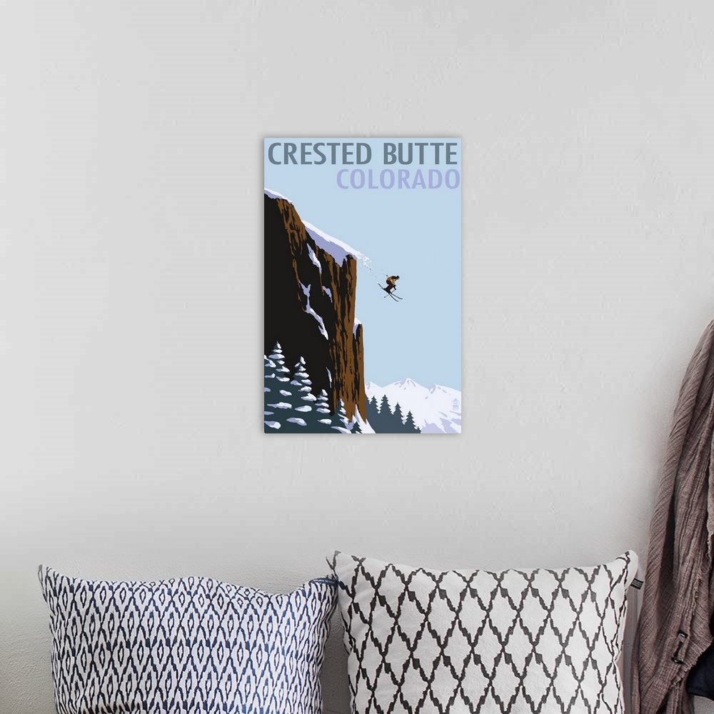 A bohemian room featuring Retro stylized art poster of a skier leaping of a mountain side. With snow trailing behind the skis.
