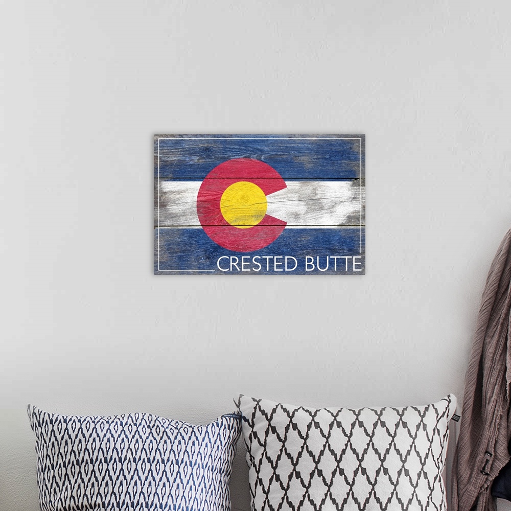 A bohemian room featuring Crested Butte, Colorado State Flag, Barnwood Painting