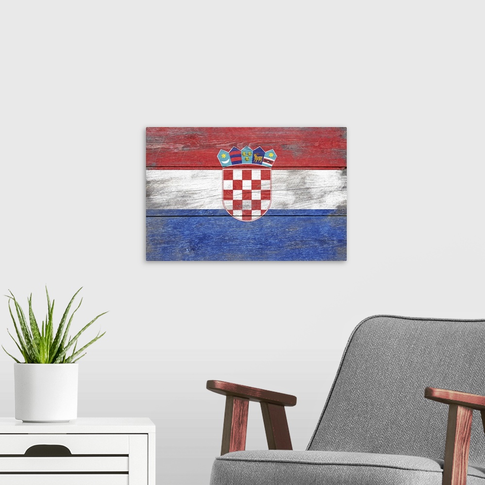 A modern room featuring The flag of Croatia with a weathered wooden board effect.