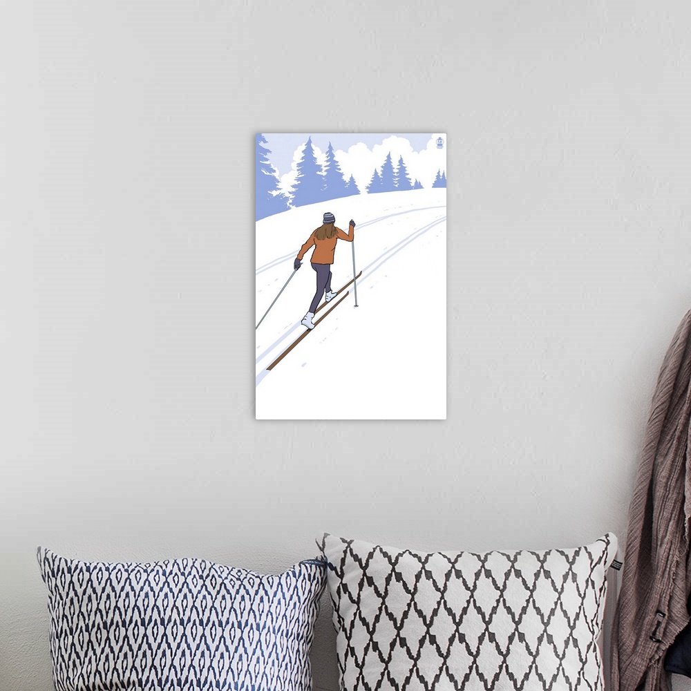 A bohemian room featuring Retro stylized art poster of a cross country skier, with trees in the background.
