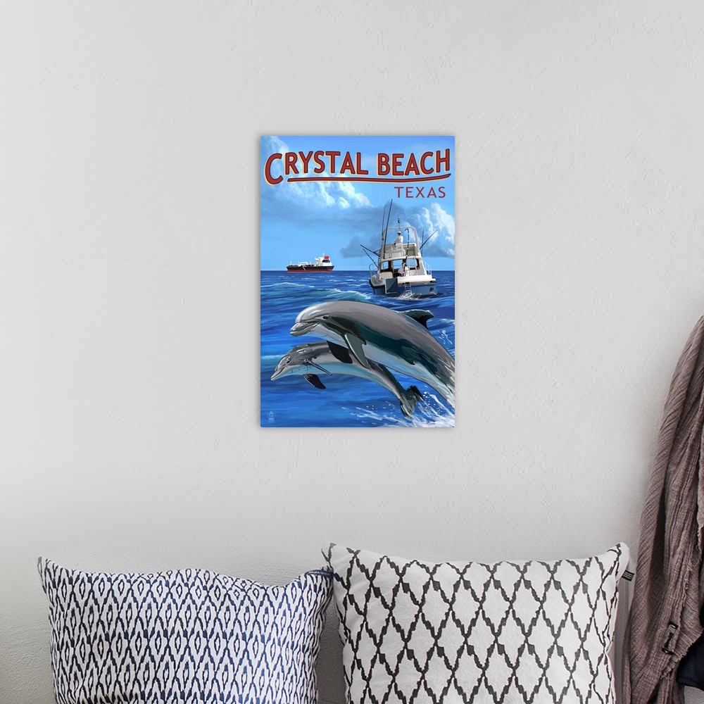 A bohemian room featuring Crystal Beach, Texas, Fishing Boat with Freighter and Dolphins