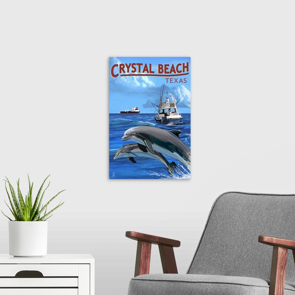 A modern room featuring Crystal Beach, Texas, Fishing Boat with Freighter and Dolphins