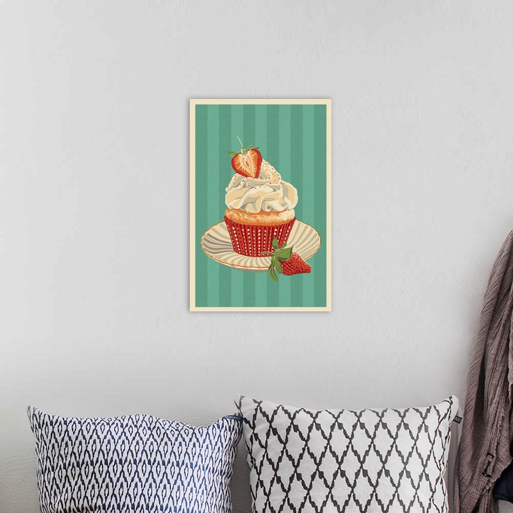 A bohemian room featuring Cupcake and Strawberry - Letterpress: Retro Art Poster