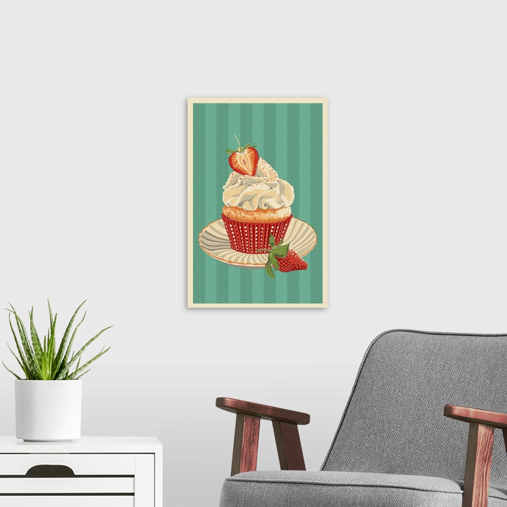 A modern room featuring Cupcake and Strawberry - Letterpress: Retro Art Poster