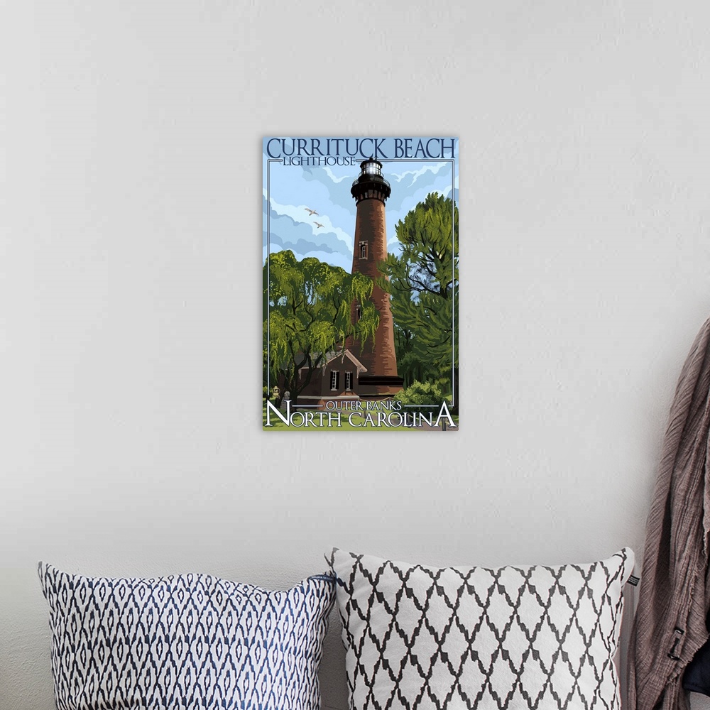 A bohemian room featuring Currituck Beach Lighthouse Day Scene - Outer Banks, North Carolina: Retro Travel Poster