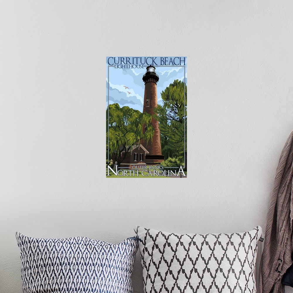 A bohemian room featuring Currituck Beach Lighthouse Day Scene - Outer Banks, North Carolina: Retro Travel Poster