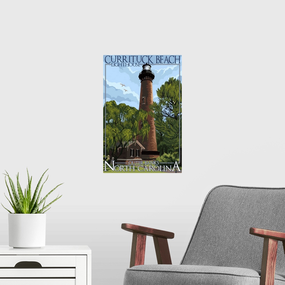 A modern room featuring Currituck Beach Lighthouse Day Scene - Outer Banks, North Carolina: Retro Travel Poster