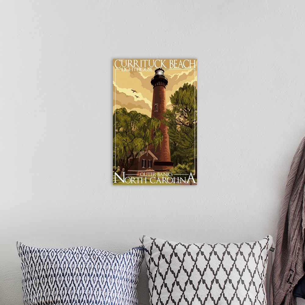 A bohemian room featuring Currituck Beach Lighthouse - Outer Banks, North Carolina: Retro Travel Poster