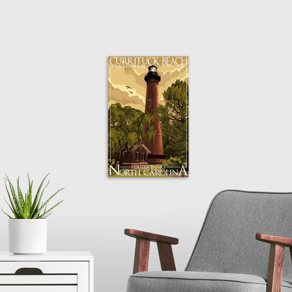 A modern room featuring Currituck Beach Lighthouse - Outer Banks, North Carolina: Retro Travel Poster
