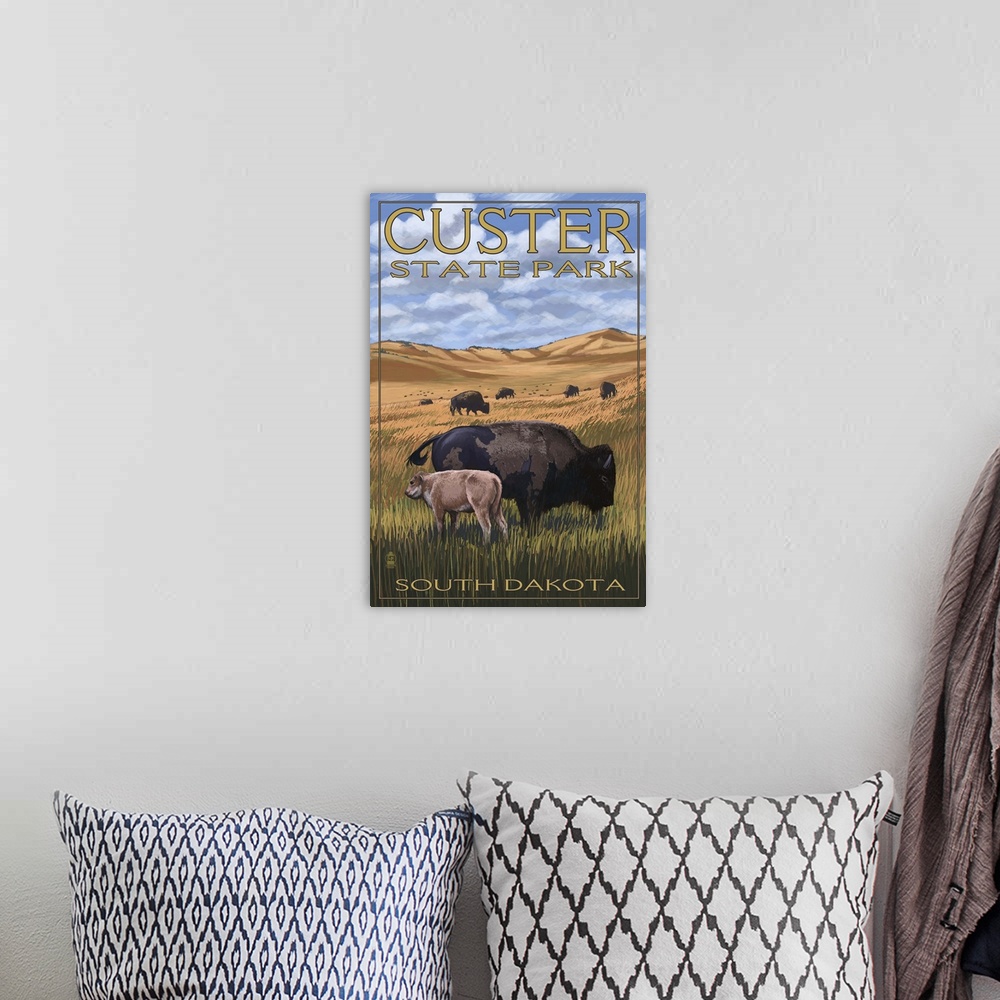 A bohemian room featuring Custer State Park - Buffalo Herd and Calf: Retro Travel Poster