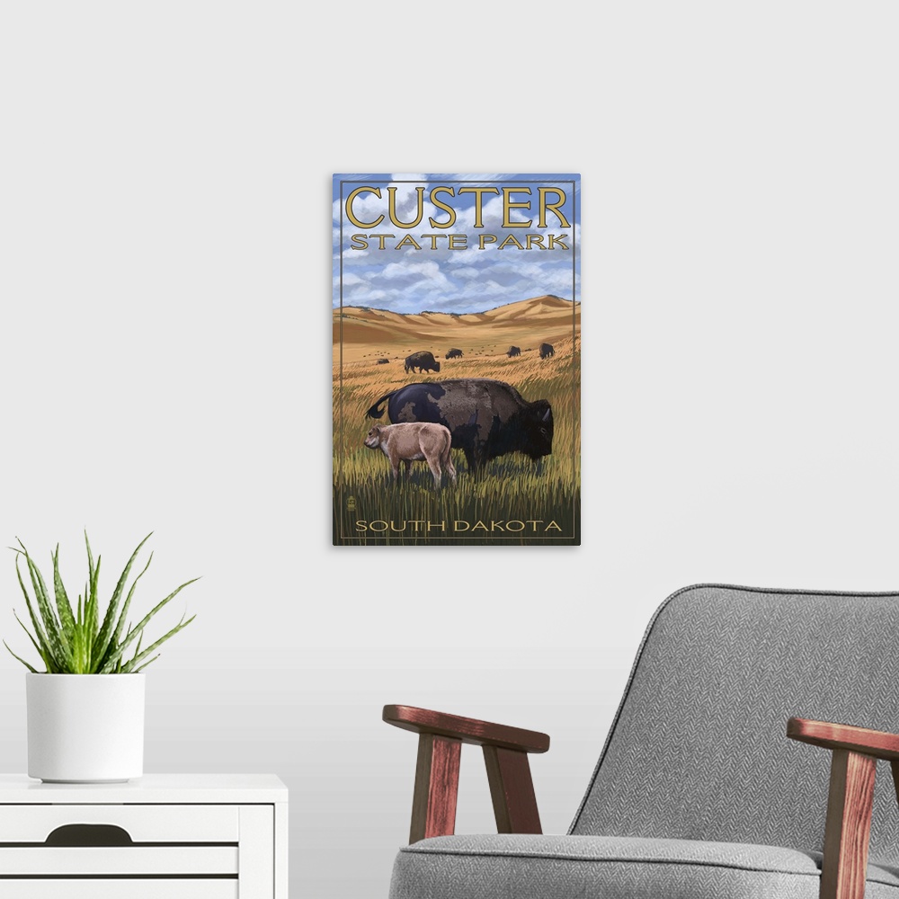 A modern room featuring Custer State Park - Buffalo Herd and Calf: Retro Travel Poster