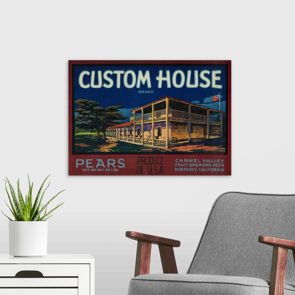 A modern room featuring Custom House Pear Crate Label, Monterey, CA