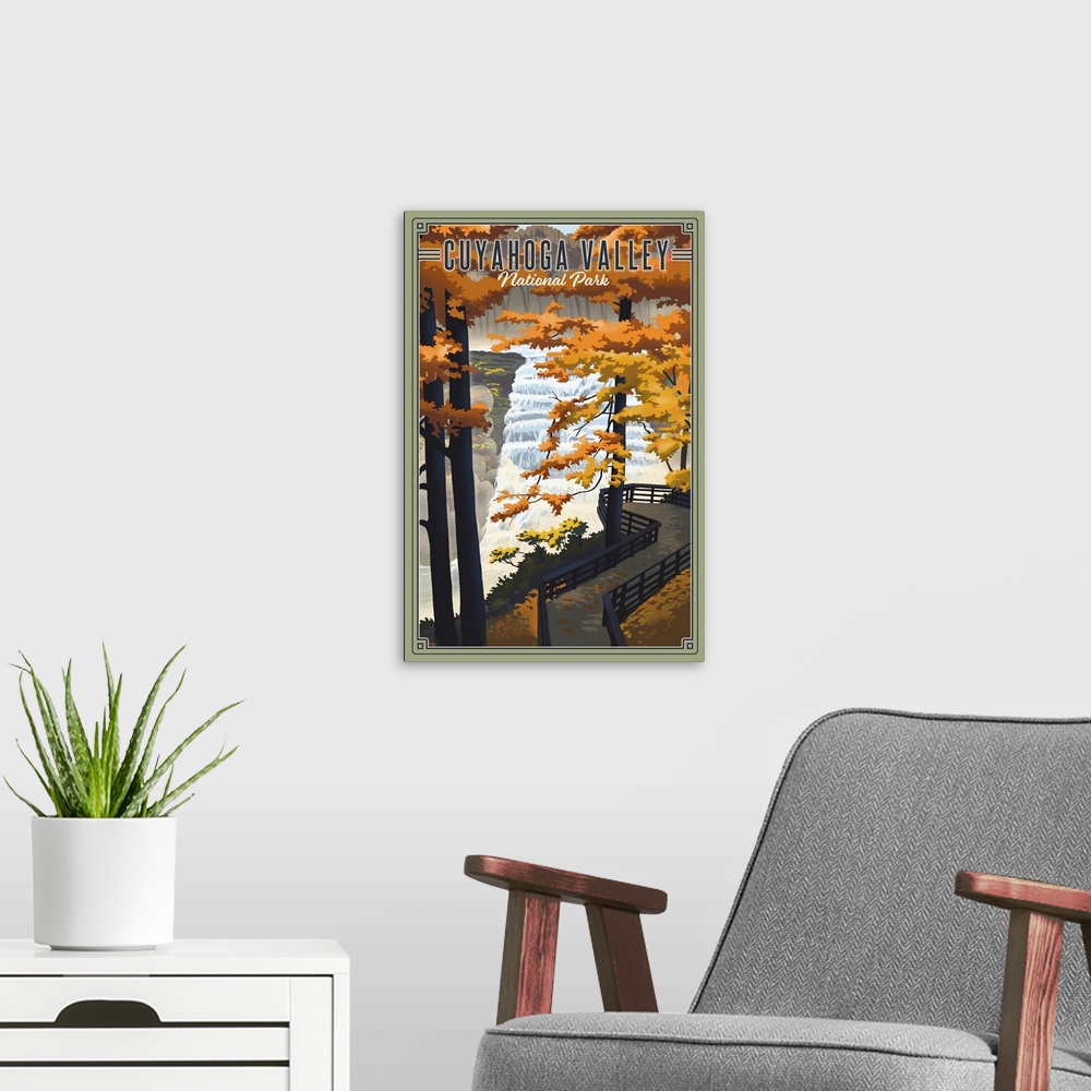 A modern room featuring Cuyahoga Valley National Park, Brandywine Falls: Retro Travel Poster