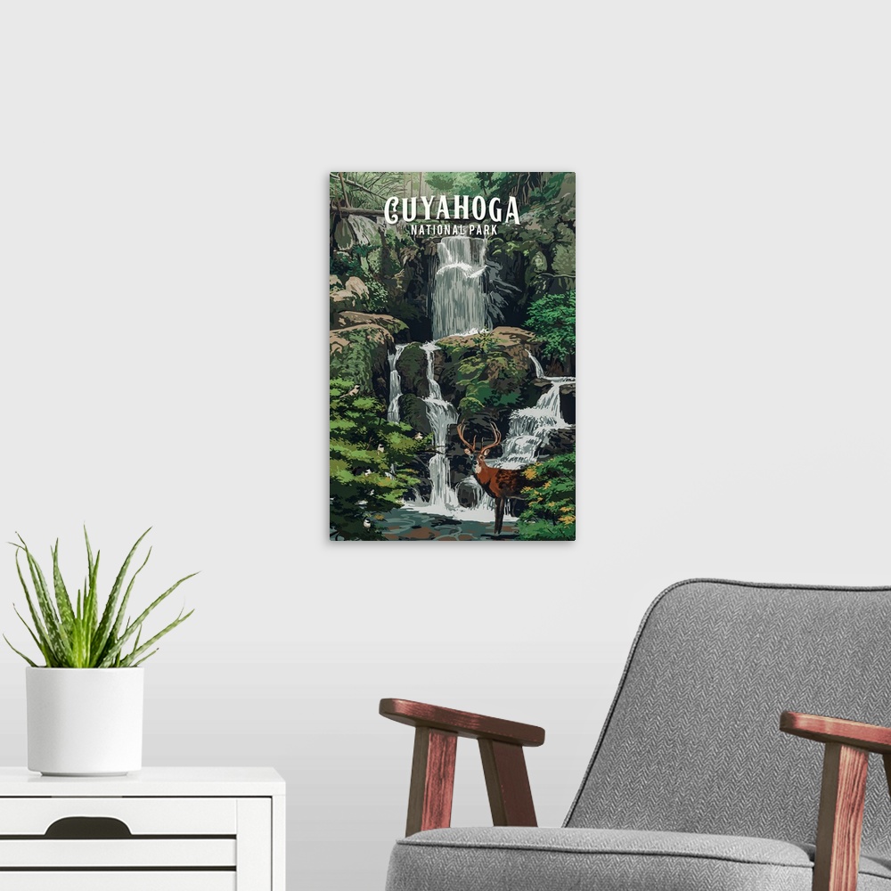 A modern room featuring Cuyahoga Valley National Park, Waterfall: Retro Travel Poster