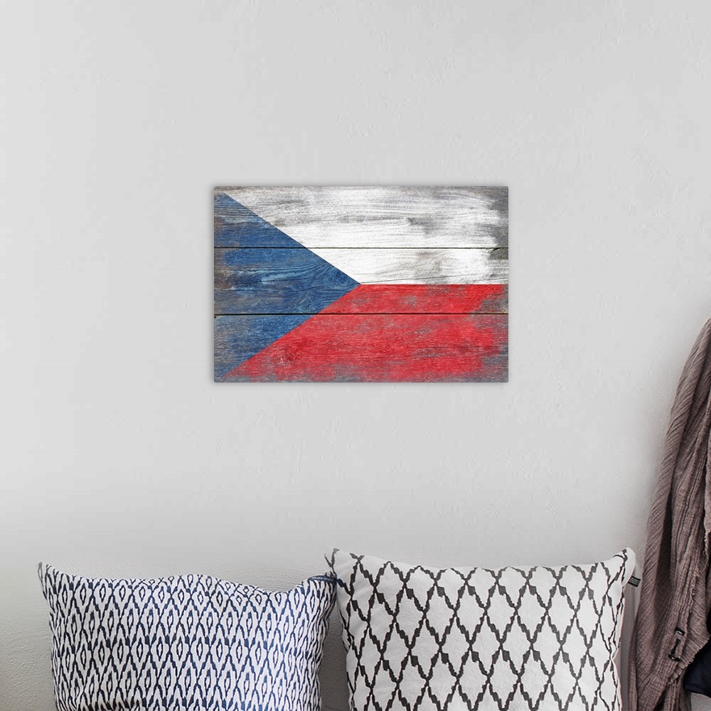 A bohemian room featuring The flag of Czech Republic with a weathered wooden board effect.
