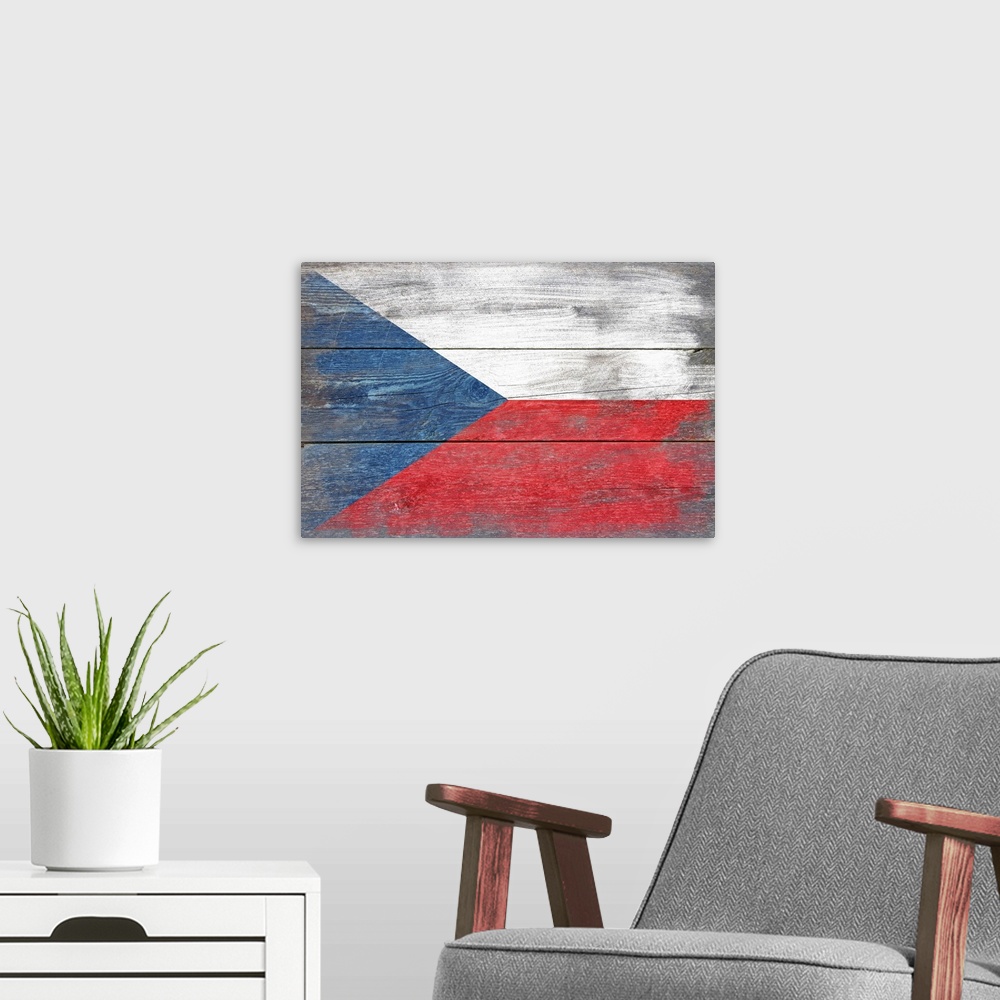 A modern room featuring The flag of Czech Republic with a weathered wooden board effect.