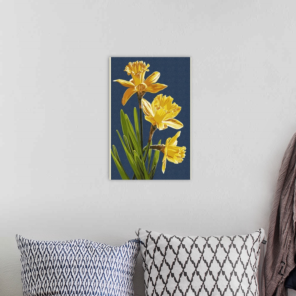 A bohemian room featuring Daffodils - Letterpress - Blue Background: Retro Poster Art