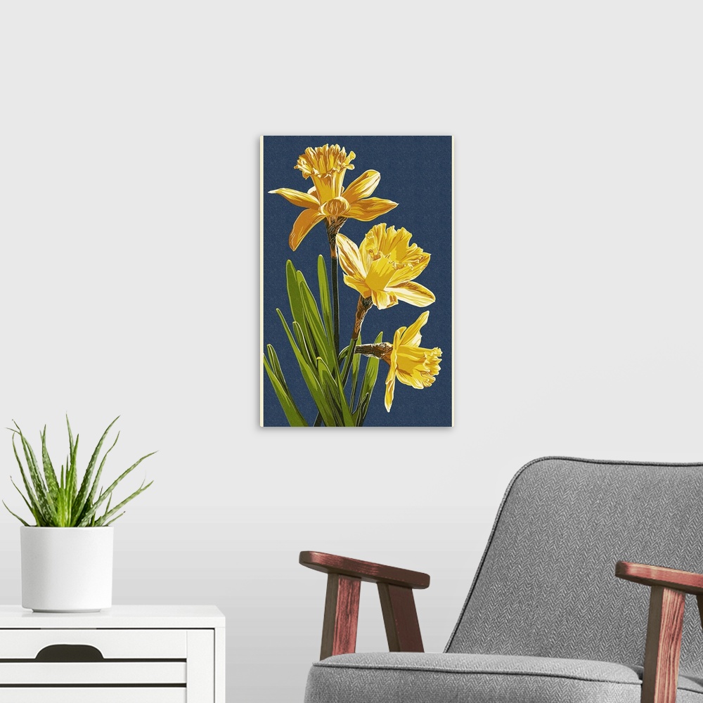 A modern room featuring Daffodils - Letterpress - Blue Background: Retro Poster Art