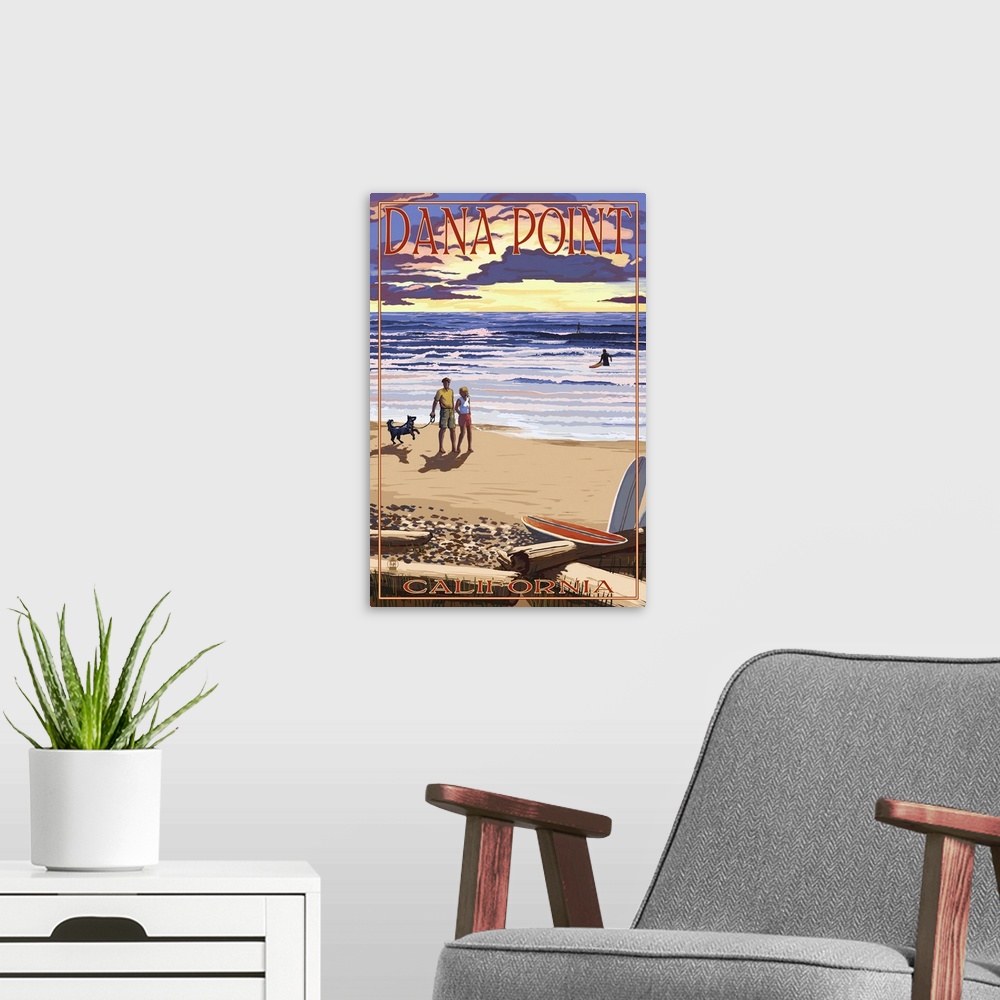 A modern room featuring Dana Point, California - Sunset Beach Scene: Retro Travel Poster
