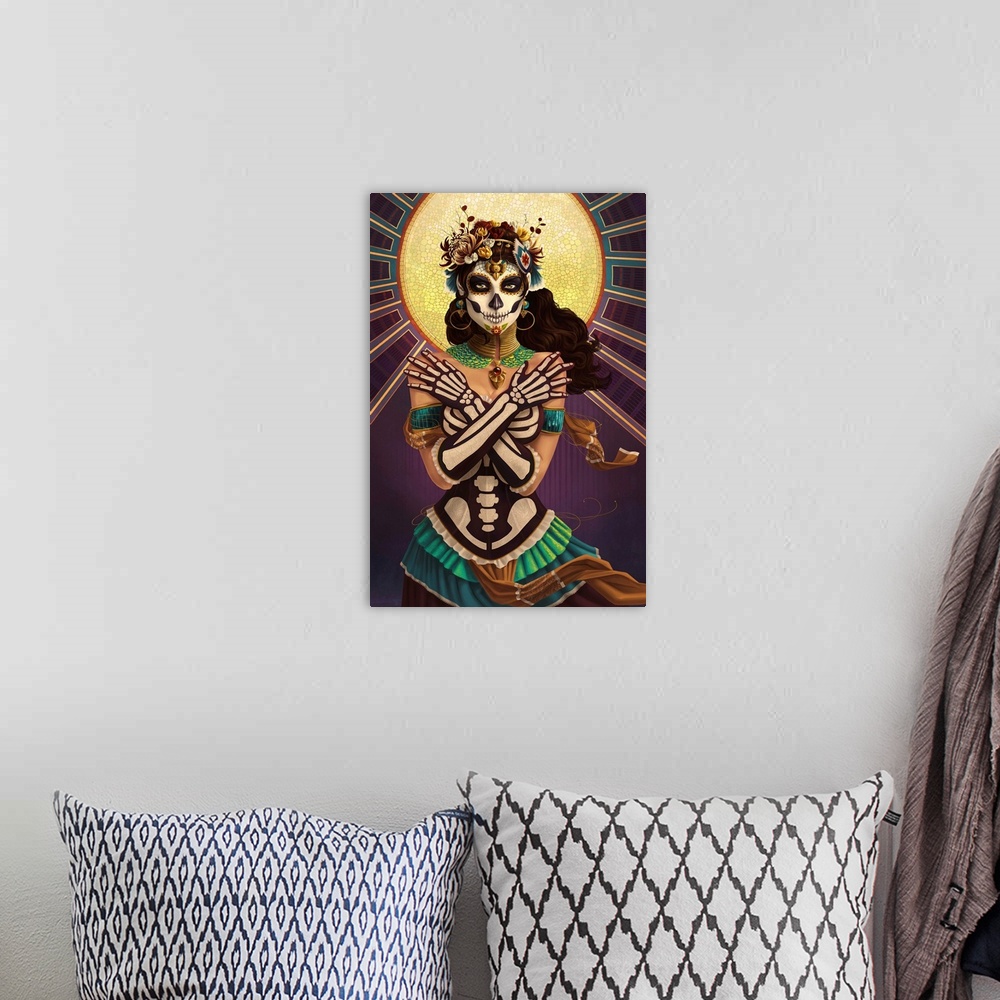 A bohemian room featuring Day of the Dead - Crossbones: Retro Poster Art