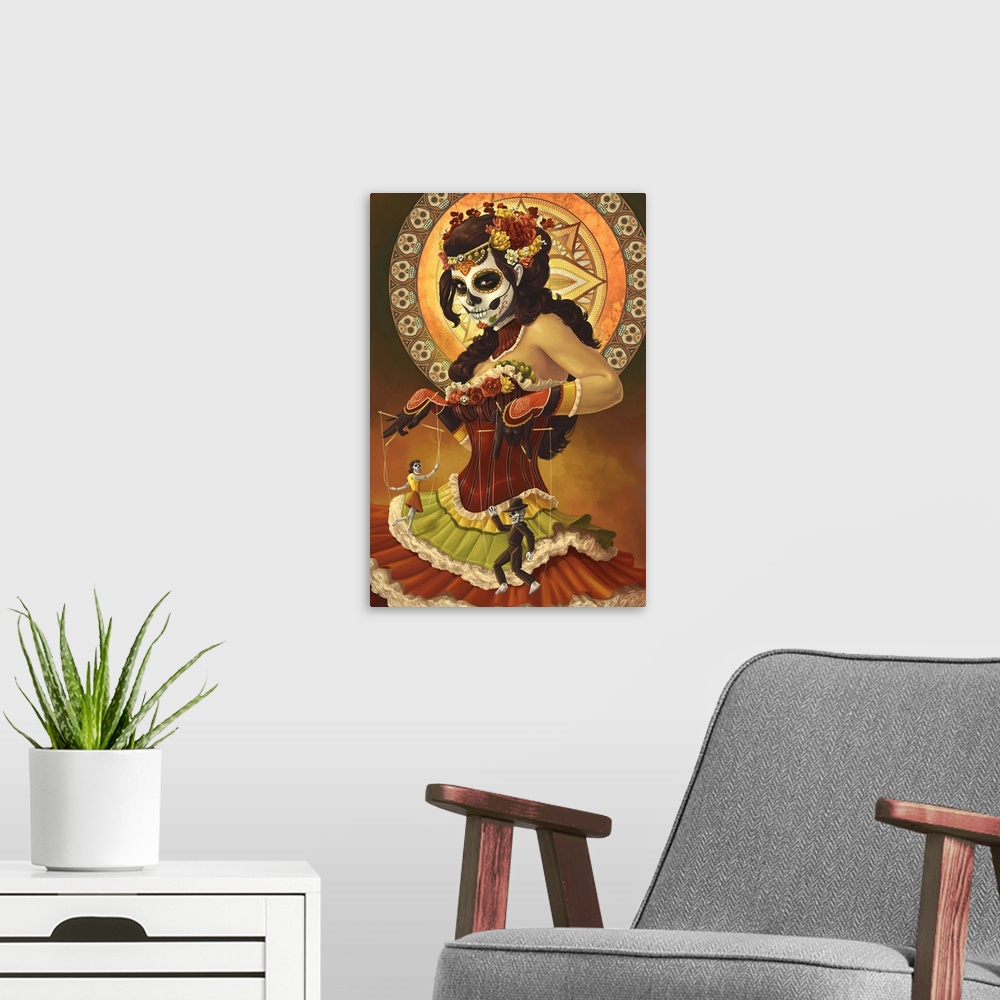 A modern room featuring Day of the Dead - Marionettes: Retro Art Poster