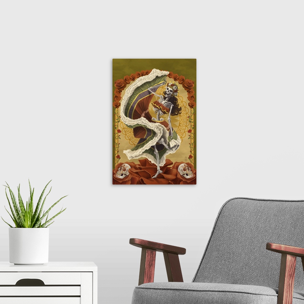 A modern room featuring Day of the Dead - Skeleton Dancing: Retro Poster Art