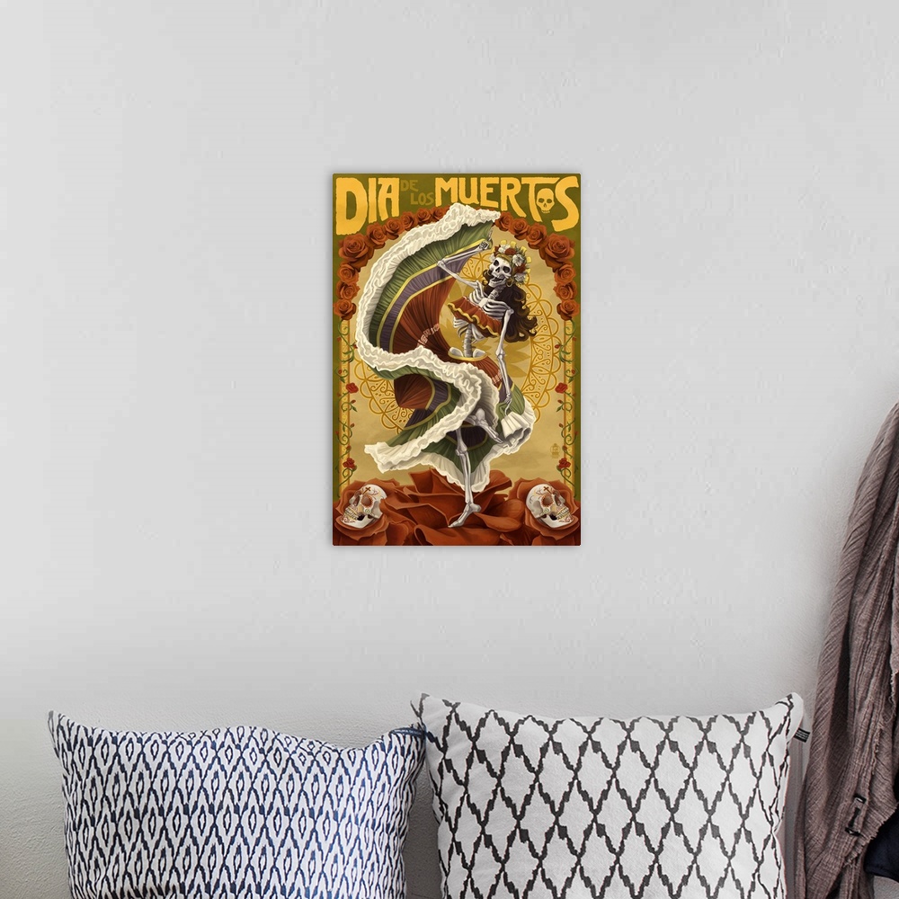A bohemian room featuring Day of the Dead - Skeleton Dancing: Retro Travel Poster