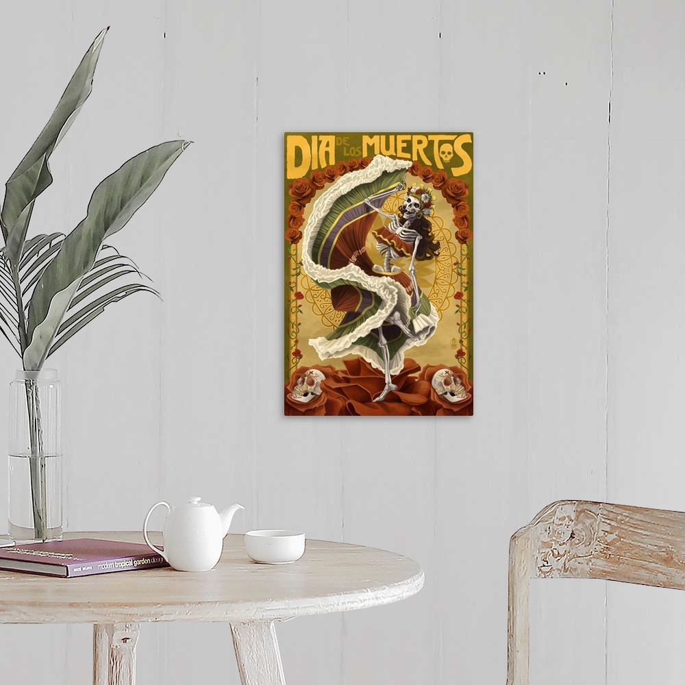 A farmhouse room featuring Day of the Dead - Skeleton Dancing: Retro Travel Poster