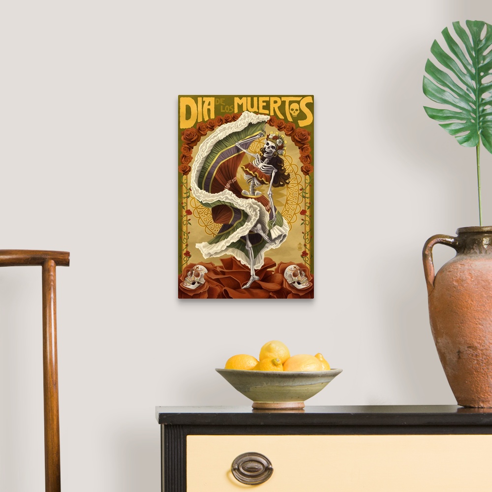 A traditional room featuring Day of the Dead - Skeleton Dancing: Retro Travel Poster
