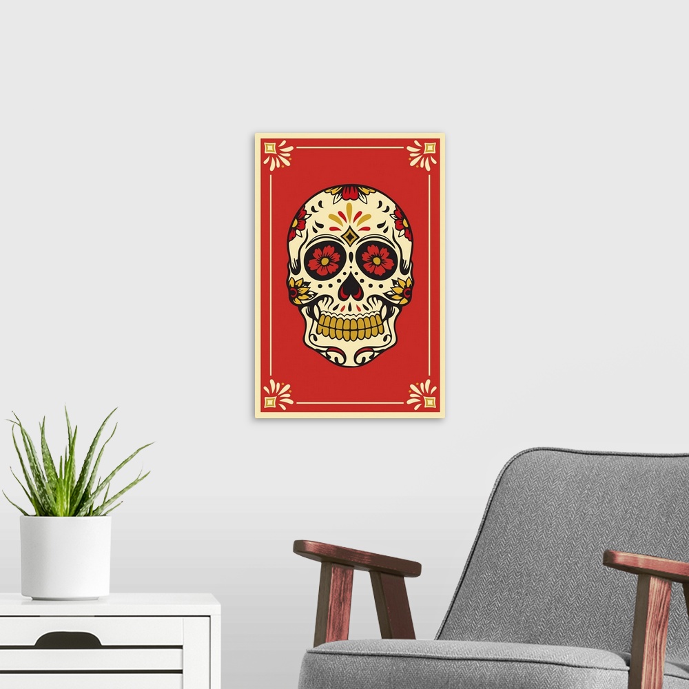 A modern room featuring Day of the Dead Sugar Skull Artwork