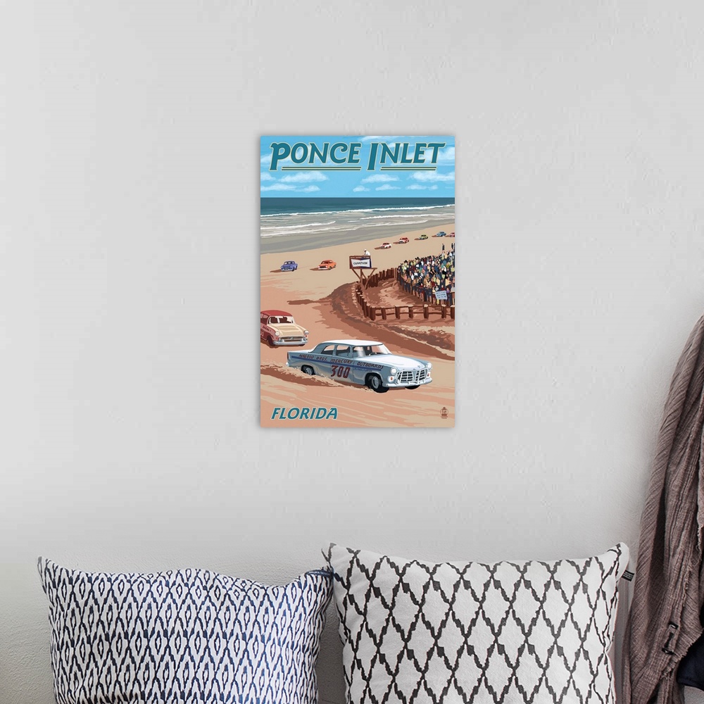 A bohemian room featuring Dayton Beach Race Scene, Ponce Inlet, FL: Retro Travel Poster