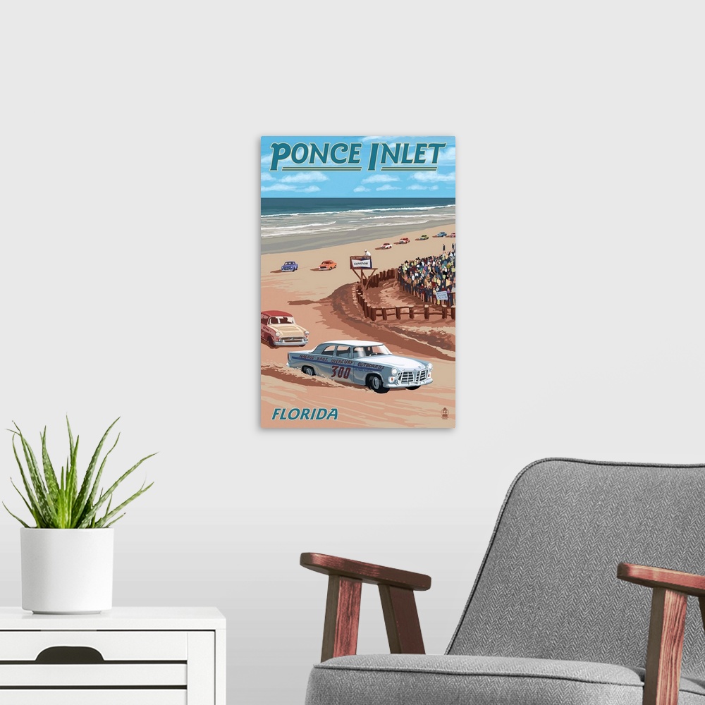 A modern room featuring Dayton Beach Race Scene, Ponce Inlet, FL: Retro Travel Poster