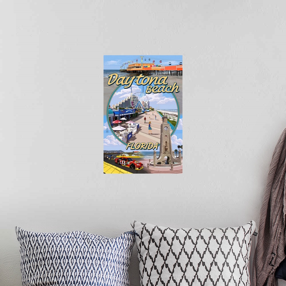 A bohemian room featuring Daytona Beach, FL - Daytona Beach Montage: Retro Travel Poster