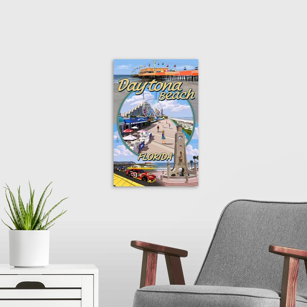 A modern room featuring Daytona Beach, FL - Daytona Beach Montage: Retro Travel Poster