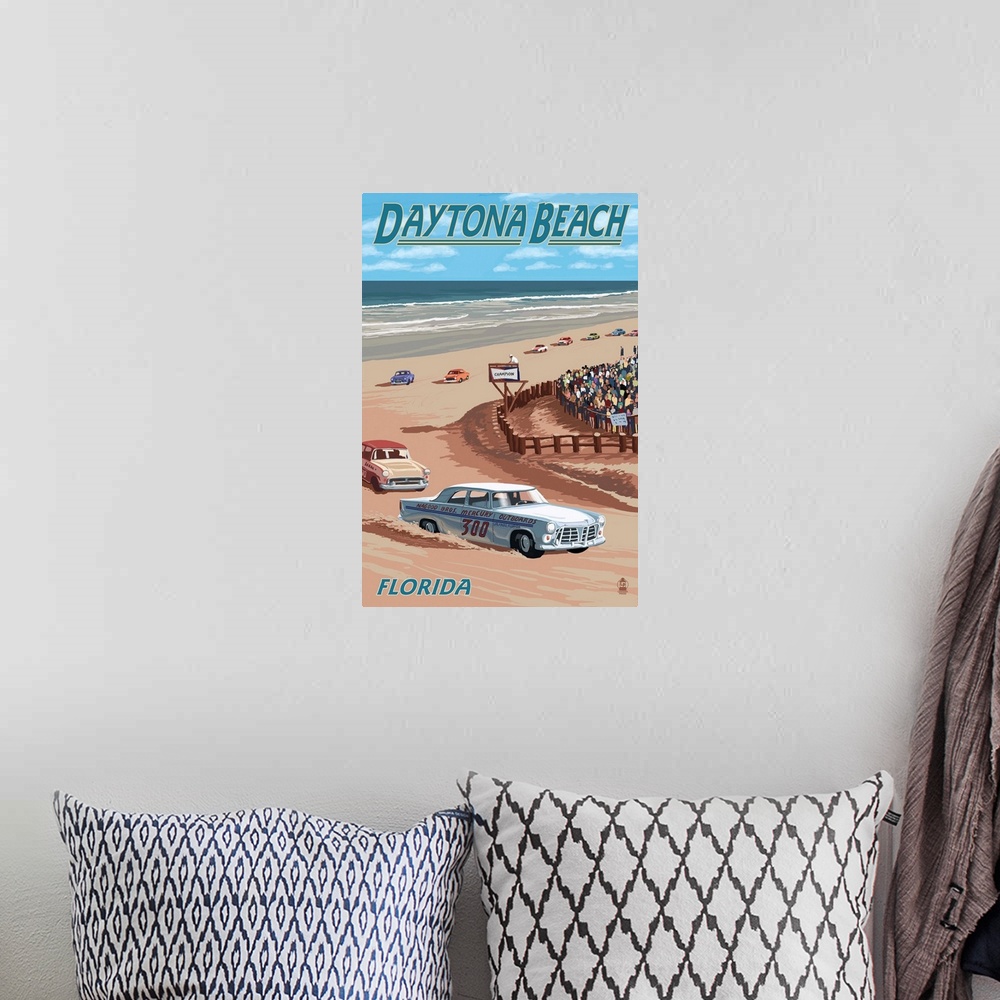 A bohemian room featuring Daytona Beach, FL - Daytona Beach Racing Scene: Retro Travel Poster