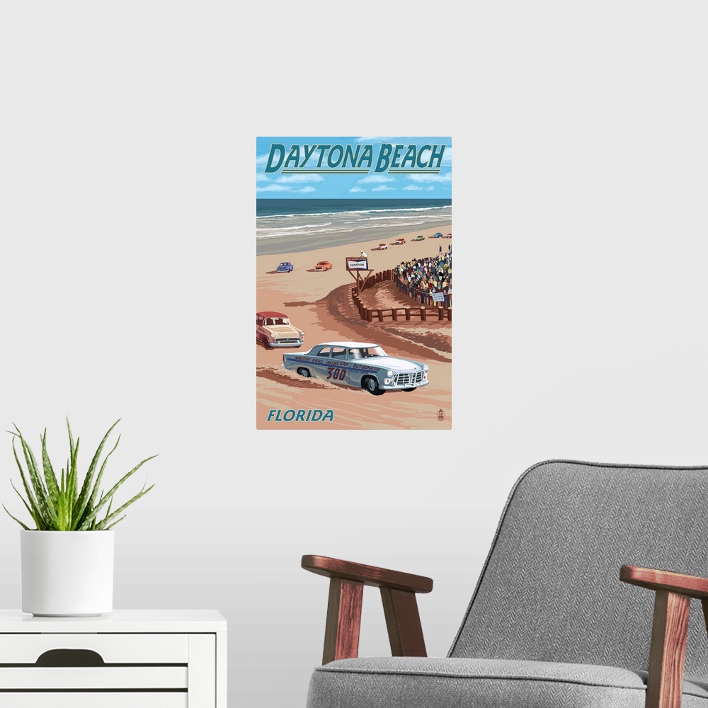 A modern room featuring Daytona Beach, FL - Daytona Beach Racing Scene: Retro Travel Poster