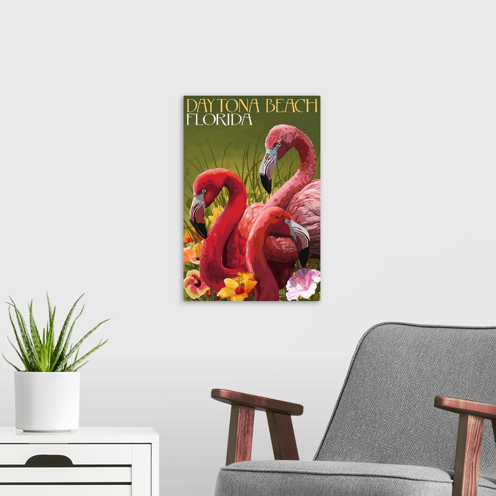 A modern room featuring Daytona Beach, Florida - Flamingo Scene: Retro Travel Poster
