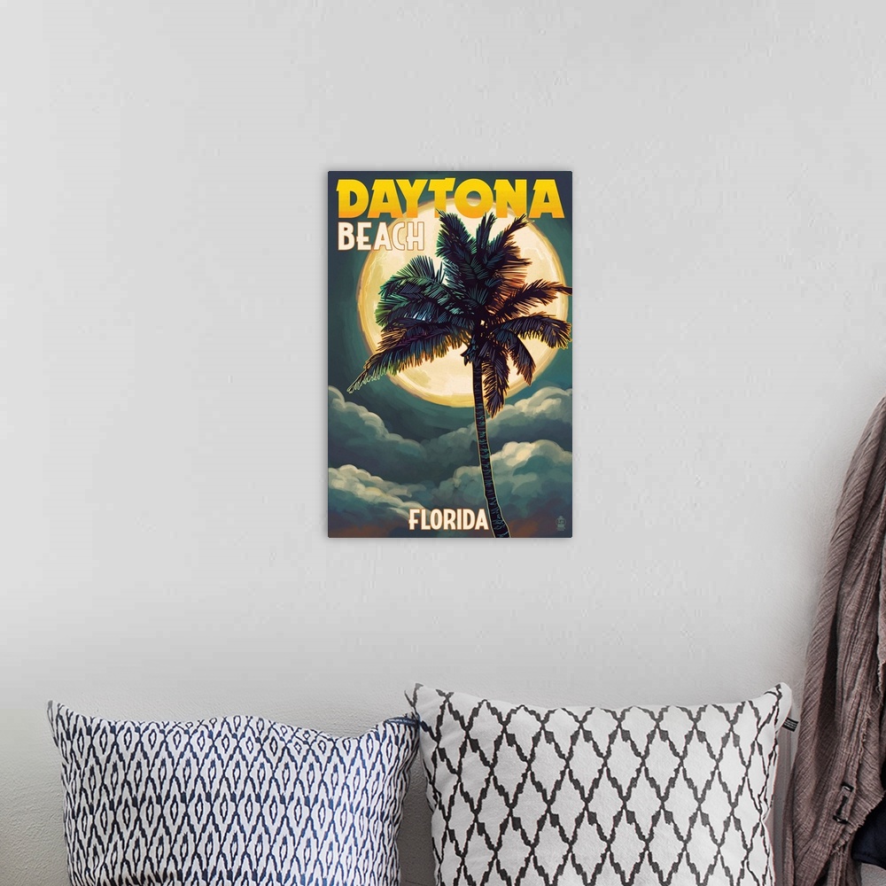 A bohemian room featuring Daytona Beach, Florida - Palms and Moon: Retro Travel Poster