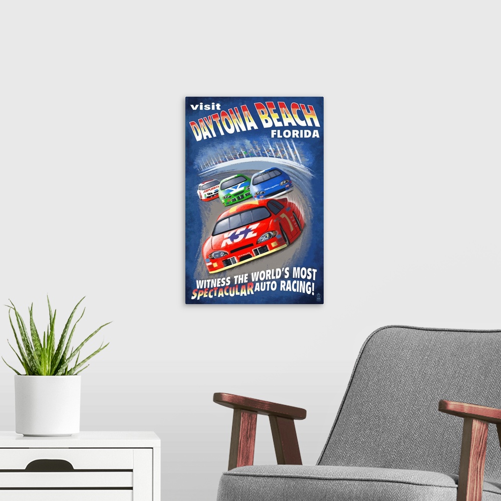 A modern room featuring Daytona Beach, Florida - Racecar Scene: Retro Travel Poster