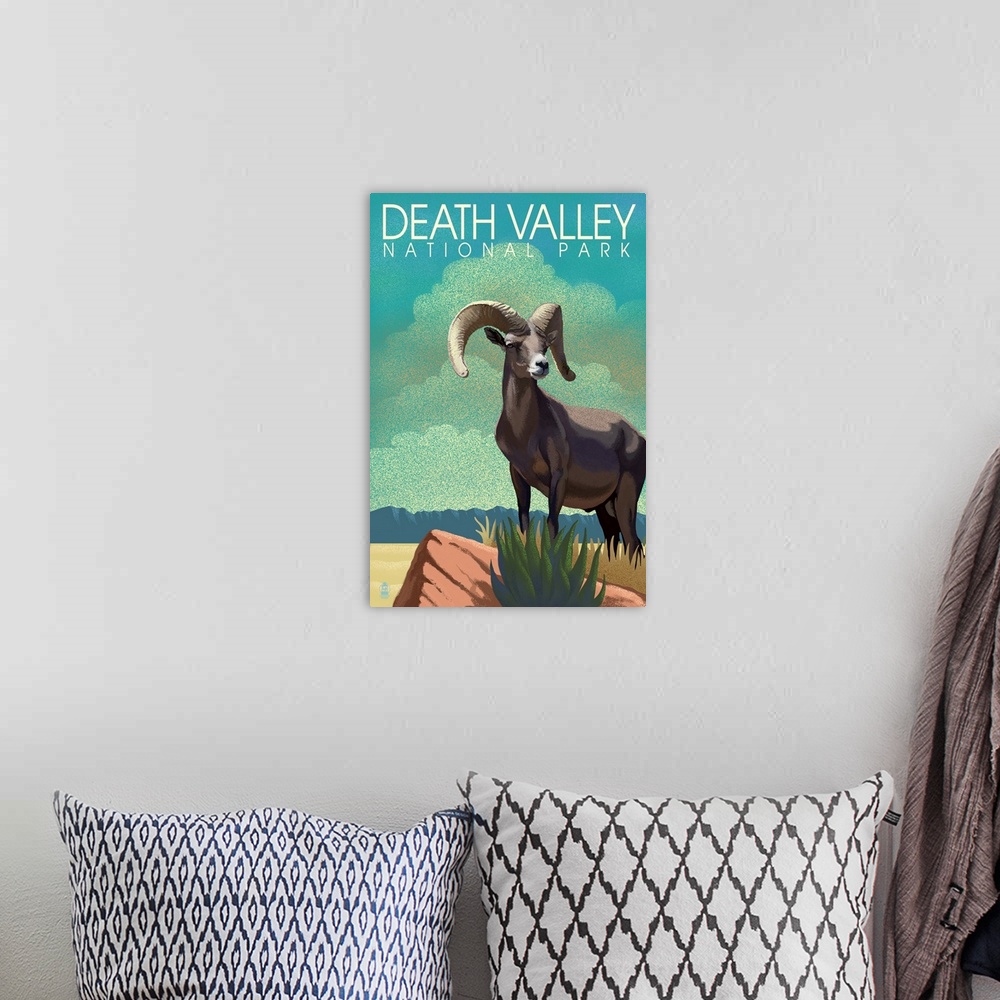 A bohemian room featuring Death Valley National Park, Bighorn Sheep: Retro Travel Poster