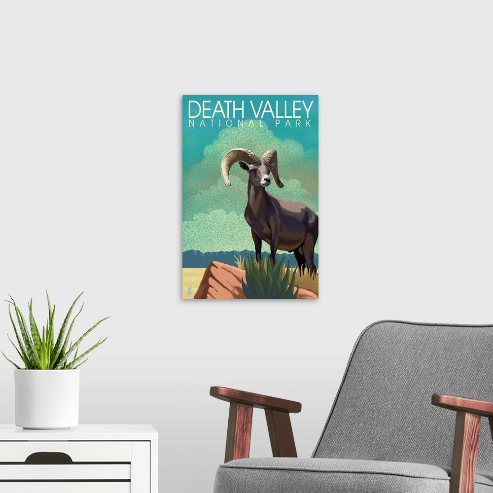 A modern room featuring Death Valley National Park, Bighorn Sheep: Retro Travel Poster