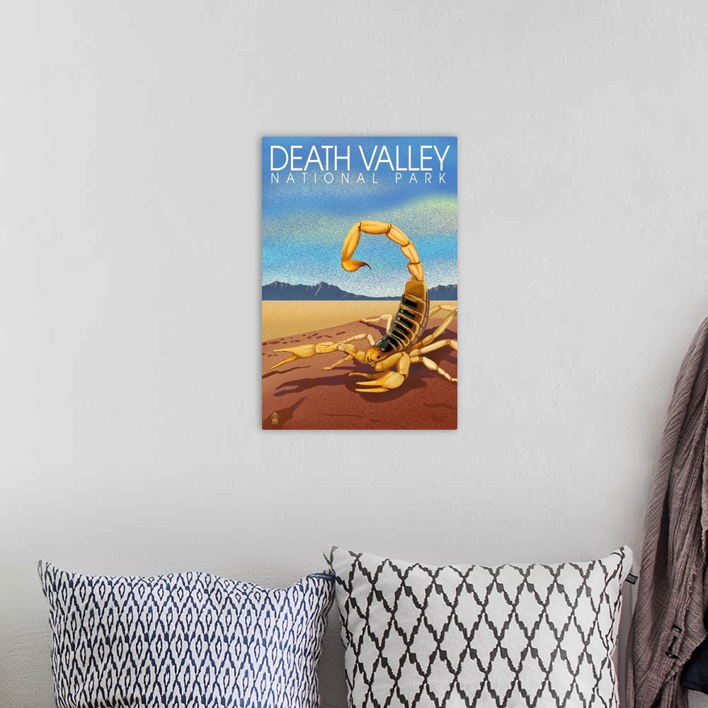 A bohemian room featuring Death Valley National Park, Scorpion: Retro Travel Poster