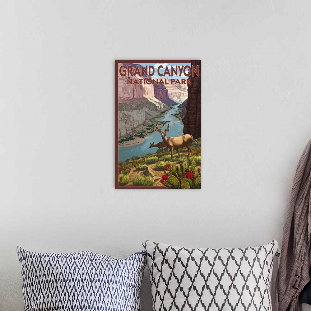 A bohemian room featuring Deer Scene - Grand Canyon National Park: Retro Travel Poster