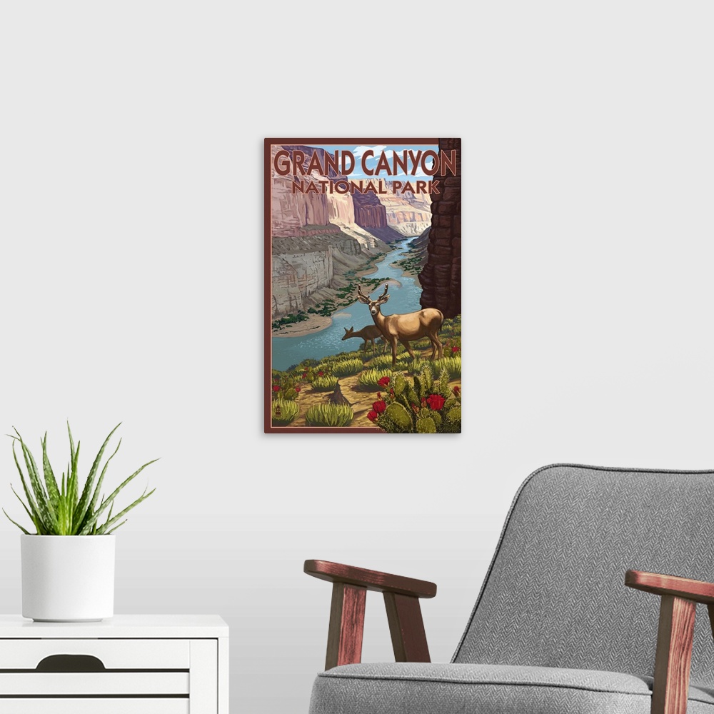 A modern room featuring Deer Scene - Grand Canyon National Park: Retro Travel Poster