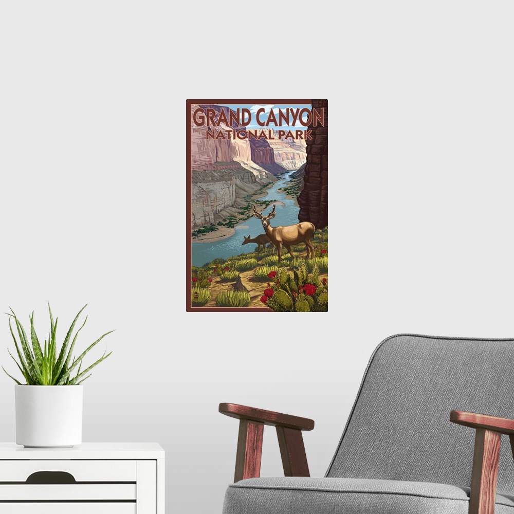 A modern room featuring Deer Scene - Grand Canyon National Park: Retro Travel Poster