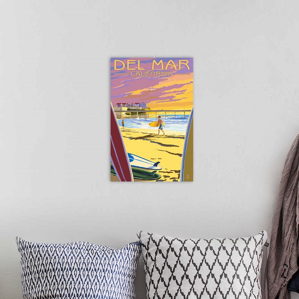 A bohemian room featuring Retro stylized art poster of a surfer on a beach with a pier in the background. Viewed through a ...