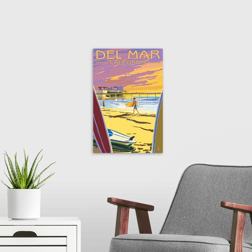 A modern room featuring Retro stylized art poster of a surfer on a beach with a pier in the background. Viewed through a ...